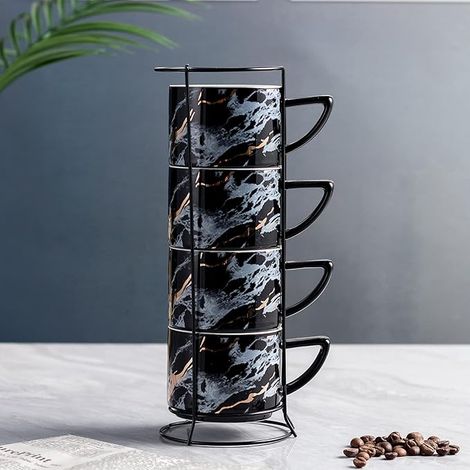 tasses à expresso cappuccino en porcelaine avec support chromé tasse à café et thé (Noir) (1/5)