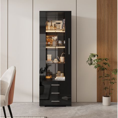 Vitrine MDF noir brillant 60 x 35 x 180 cm, 1 porte acrylique, 3 tiroirs, LED piloté par appli (1/5)