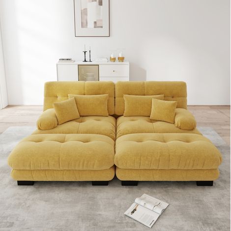Canapé d’angle 220/145/81 cm en chenille jaune, modulable avec ottomans (1/5)