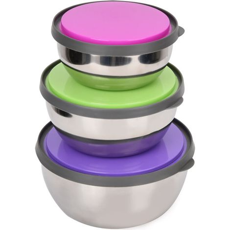 Lot de 3 bols hermétiques en acier inoxydable avec couvercle. boîte de conservation des aliments. ustensile de cuisine (rose. vert. violet) (1/5)