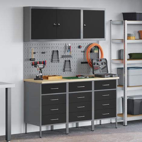 Werkbank mit Schubladen 8 pcs Schwarz Ingenieure Holz und Stahl (1/5)