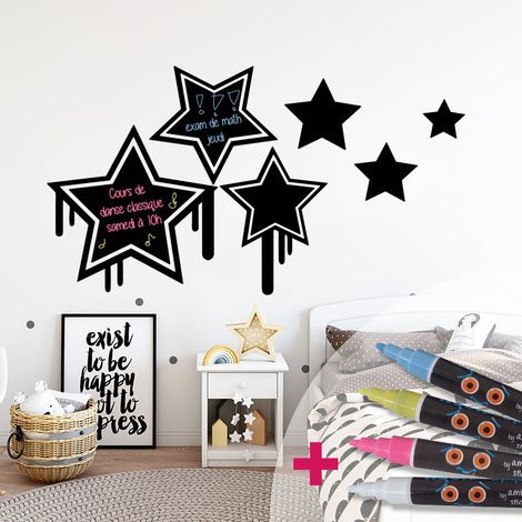 Sticker ardoise tableau noir - stickers muraux adhésif effaçable - ÉTOILES GRAFFITI + 4 CRAIES LIQUIDES - 35x40cm (1/4)