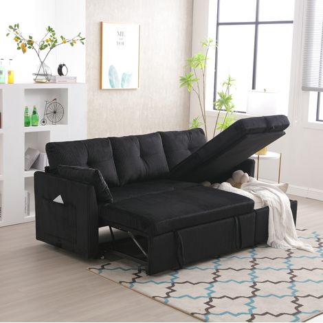 Divano letto modulare 206x108x66 cm, con contenitore, convertibile in letto, velluto a coste nero (1/5)