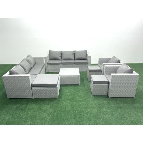 Fimous Outdoor Rattan Sofa Garden Furniture Set with 2 Armchairs Square Coffee Table 3 Footstools Light Grey Mixed (1/5)