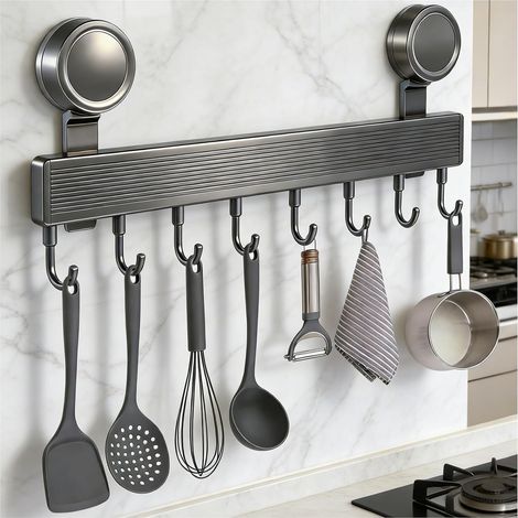 Barre de Cuisine Ustensile Sans Perçage Avec Ventouse, Sans Perforation Porte Ustensiles Cuisine Mural, Espace Aluminium Porte Ustensiles Mural, Crochet Amovible pour Cuisines, Salle de Bains, Chambre