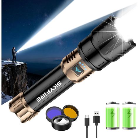SKYFIRE Lampe Torche Rechargeable LED Ultra Puissante 50000 Lumens avec Allume Feu & 3 Lentilles 10000mAh Zoomable USB-C 4 Modes IPX6 Étanche pour Camping Randonnée Urgence Cadeau Homme