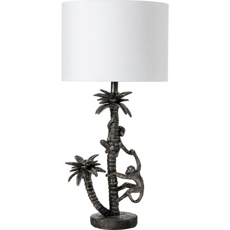 lampe de table jungle argentée en résine avec abat jour élégant - argent effet métal et blanc mat (1/3)