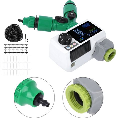 Programmeur d'arrosage automatique solaire avec détecteur de pluie, écran LCD, kit goutte-à-goutte 20m pour jardin (1/5)