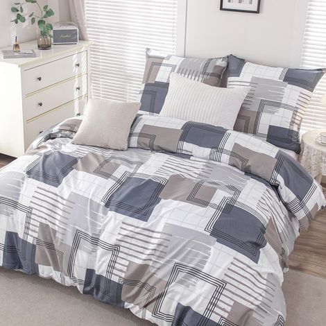 Parure de lit 155 x 220 cm - Bleu - Avec motif géométrique - En microfibre - Housse de couette 155 x 220 cm - 2 pièces - Infroissable et douce - 1 housse de couette et 1 taie d'oreiller 80 x (1/5)