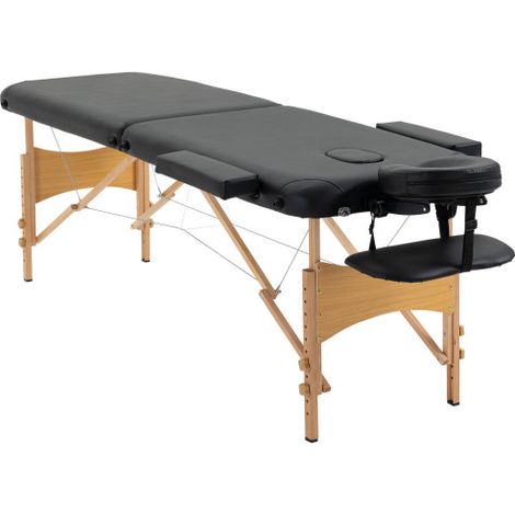 Lettino da massaggio pieghevole e portatile con poggiatesta, regolabile in altezza, in similpelle e legno, nero, disponibile in loco. (1/5)