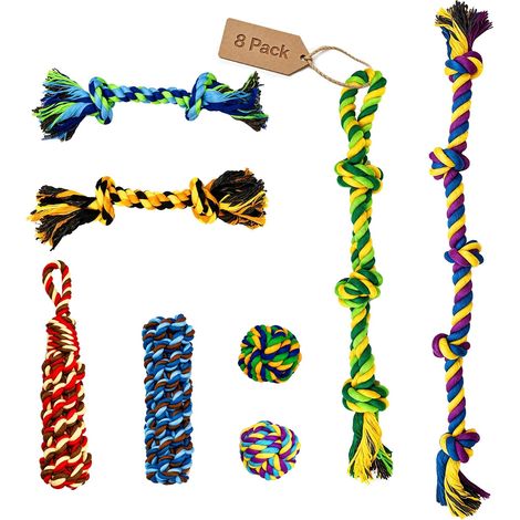 Lot de 8 jouets colorés en corde de coton pour chien – Jouets à mâcher durables pour les races moyennes et grandes – Corde interactive résistante aux morsures et nœuds pour dentition (1/5)
