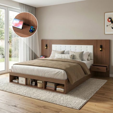 Lit coffre double 180x200 cm bois noyer avec station charge USB Type-C, lampe lecture, 2 tables de chevet