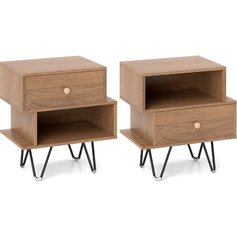 Juego de 2 mesitas de noche 44 x 29 x 47 cm con cajón extraíble y compartimento abierto estilo moderno mid-century aglomerado marrón 200011963