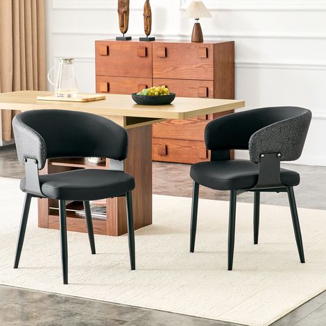 Lot de 2 fauteuils de salle à manger modernes, sièges rembourrés avec piètement en métal noir, chaises de cuisine contemporaines à dossier incurvé pour salon - Blanc/Noir/Gris