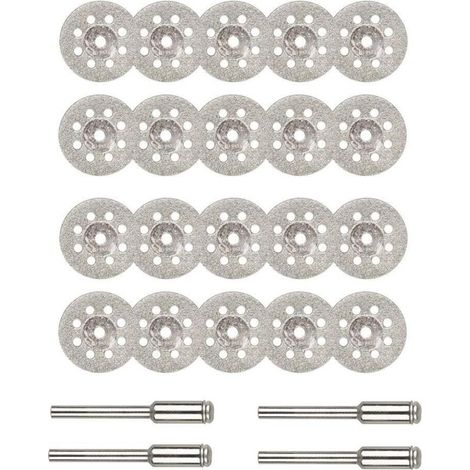 Disque Diamant de Coupe, 20Pcs 22mm Diamant Mini Disques à Tronçonner avec 4 Pièces Mandrins Tiges pour Disques Rotatifs pour outils rotatifs verre gemmes Disques de coupe-DOU