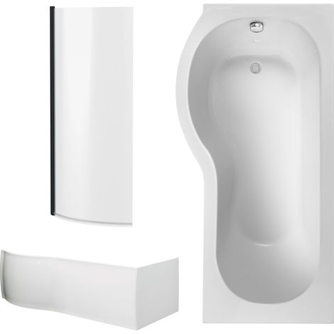 P Shape 1700x850 Left Hand Shower Bath Set – Front Panel, Matt Black Curved P Bath Screen & Leg Set (1/4)