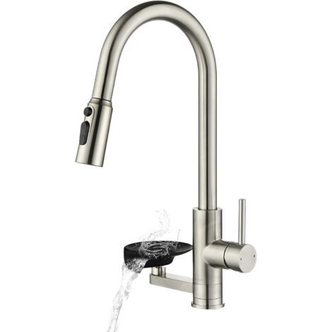 Robinet de cuisine avec lave-gobelet,douchette extractible, double sortie, rotation 360°, robinetterie robinet cuisine en acier inoxydable 304 brossé (1/5)