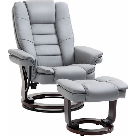Recliner Chair With footstool, Recliner Armchair up to 130kg Weight Capacity, 135° Reclining Swivel Sofa Chair, PU Leather Ergonomic Couch Bed with Swivel Wood Base for Living Room, Grey