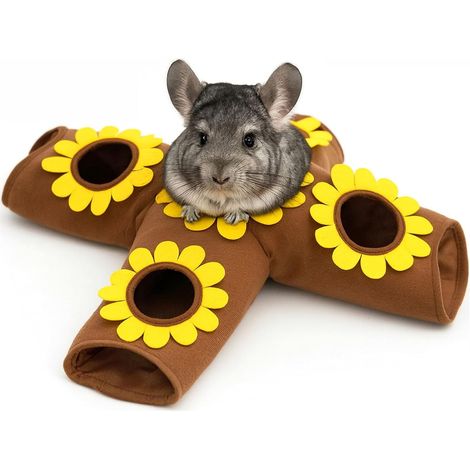 Guinea Pig Hideout Toys 4 Way Foldable Tunnel and Tubes with Sunflower Peephole for Rabbit, Ferret, Hamster, Chinchilla, Hedgehog, Hiding and Resting, 67cm (1/5)