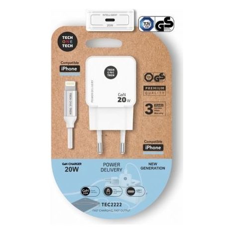 Cargador ultrarrápido GaN Power Delivery 3.0 (PD) 20W, color blanco.
Carga hasta un 400% más rápido que un cargador estándar de 5W. Compatible co