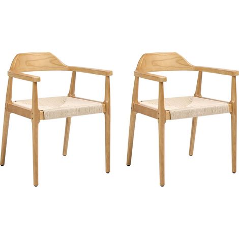 Set of 2 Dining Chairs Light Brown and Beige Rubber Wood Frames Paper Cord Seats Retro Style Dining Room OAKDALE