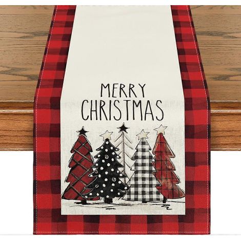 Chemin de table aquarelle à carreaux Buffalo rouges et noirs, sapins de Noël, motif joyeux Noël, 33 x 183 cm (13 x 72 pouces) - Multicolore/Rouge (1/5)