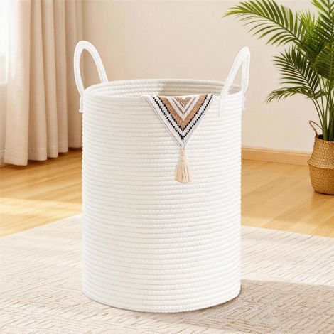 Geflochtener Wäschekorb 58L mit Baumwollhenkel, Boho-Stil, weiß (1/5)