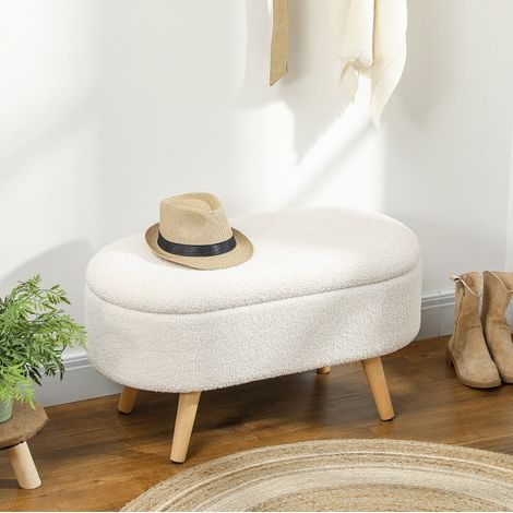 Banc coffre 82x41x45 cm en bois et tissu blanc, avec rangement pour entrée FloraGrace (1/5)