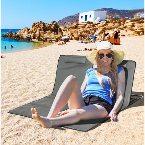 Chaises longues de plage pliantes lot de 2 en acier et polyester gris, dossier réglable 5 positions, avec têtière et sac (1/5)