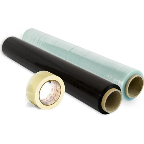 Pellicola per imballaggio 50 cm di larghezza e stirabile fino a 300 metri di lunghezza – Rotolo di pellicola elastica manuale per imballaggio industriale (Confezione 2 film + nastrotrasparente)