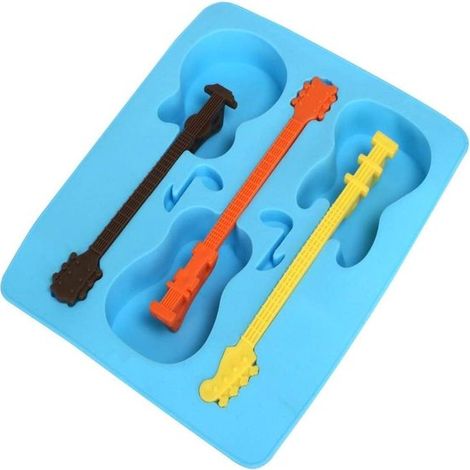 Stampo per cubetti di ghiaccio a forma di chitarra in silicone blu, accessorio da cucina a forma di strumento musicale. (1/5)