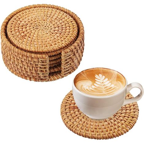 6 Pièces Dessous, sous Verre Bois Rond, Dessous De Verre en Rotin, sous-Verres pour Boissons, sous Verres avec Support en Rotin (1/5)