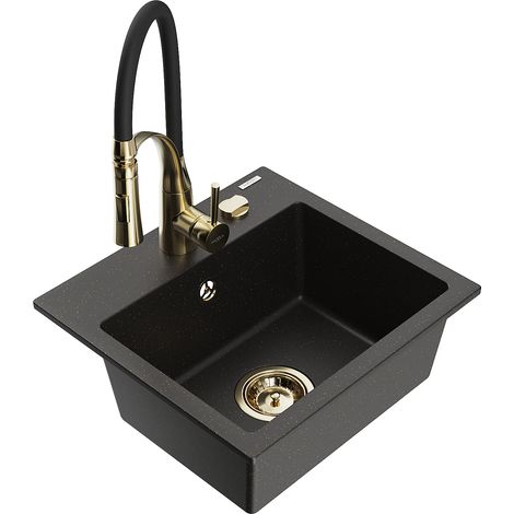 Mexen Milo Einzelbecken Granitspüle mit Küchenarmatur Aster, schwarz/goldmetallic - 6505-75-73450-57-G (1/5)
