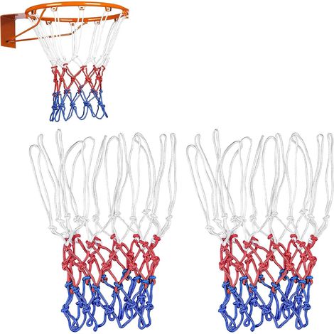 BEBUSINGOTO Red de baloncesto de poliéster (2 unidades), extraíble, 12 bucles, tricolor de repuesto, resistente a la lluvia y al sol, para uso en interiores y exteriores. (1/5)