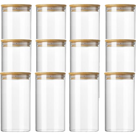Lot de 12 bocaux en verre, couvercle bambou, hermétique, rangement cuisine, thé café sucre (1/5)