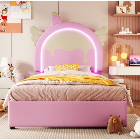 Letto imbottito per bambini 90x200 cm, con luce LED e 2 cassetti, in PU rosa, senza materasso (1/5)