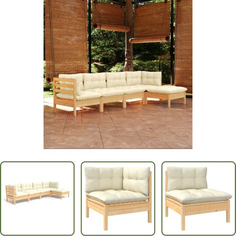 Holzgartenmöbel - 5-tlg. Garten-Lounge-Set mit Creme Kissen Kiefernholz (1/5)