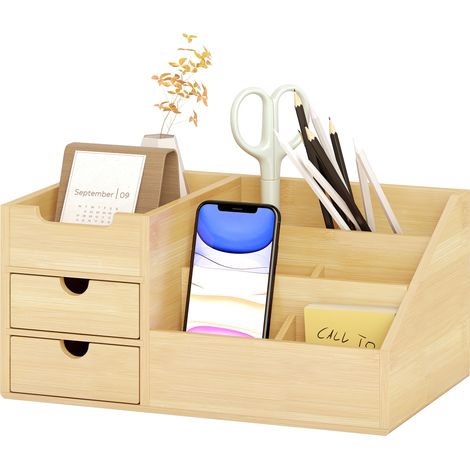 Organiseur de bureau en bambou avec 2 tiroirs et 7 compartiments, 33x20,5x15,5 cm (1/5)