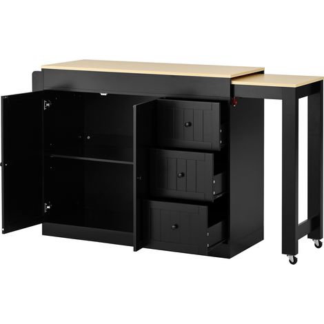 Servierwagen Küche mit 3 Schubladen, Gewürzregal, Ausziehbarer Arbeitsplatte und Rollen, aus MDF, 112-186.8 x 45 x 93 cm, Schwarz (1/5)