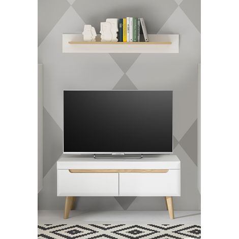 Wohnzimmer TV-Lowboard und Wandboard in Weiß Matt mit Eiche STOCKTON-61, 2-teilig (1/5)