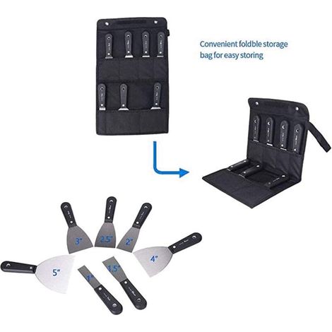 Jeu de Spatules couteau à enduire Ensemble de 7 couteaux à gratter et à mastic, manche en plastique antidérapant avec un sac à outils de rangement pour toile portable