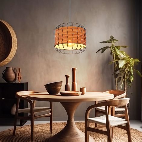 Pendellampe Esszimmerlampe Landhaus Holzoptik Hängelampe Gitterschirm, Metall, schwarz, matt, 1x E27 Fassung, DxH 35x120 cm