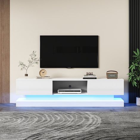 Meuble tv blanc brillant 160 x 35 x 40.5 cm led 2 tiroirs contrôle application anti-bascule (1/5)