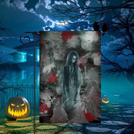 Drapeau d Halloween, drapeau d Halloween, drapeau décoratif fantôme féminin effrayant, drapeau de jardin de cour d impression numérique double face en lin de style nordique (30 × 45 cm) (1/3)