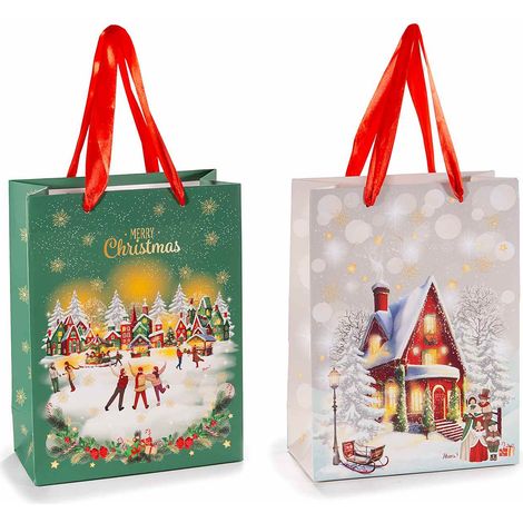 Sacchetti / buste di dimensione media in carta colorata con stampa paesaggio natalizio, set da 24 pezzi, cm 18 x 8,5 x 24 H
