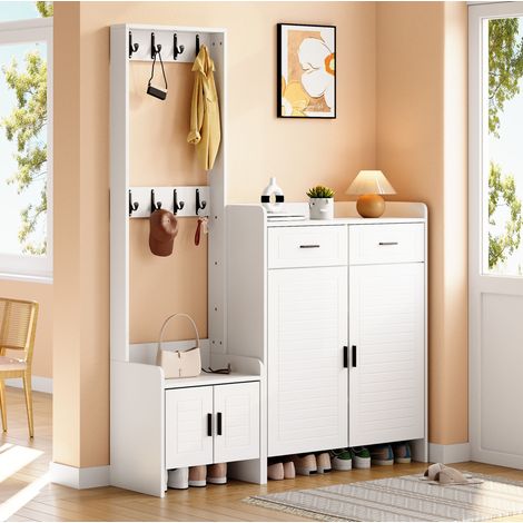 Perchero de entrada en MDF blanco con 8 ganchos, 125 x 36 x 165 cm, 2 cajones, 2 puertas y 6 estantes (1/5)