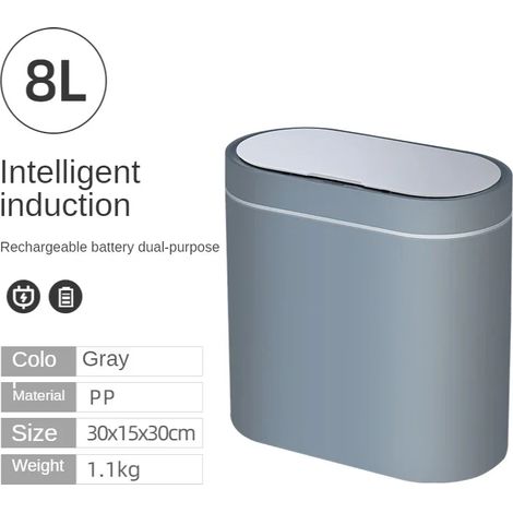 Poubelle automatique à capteur intelligent (Grise, 8 L, Rechargeable), étanche, idéale pour la cuisine et la salle de bain. (1/5)