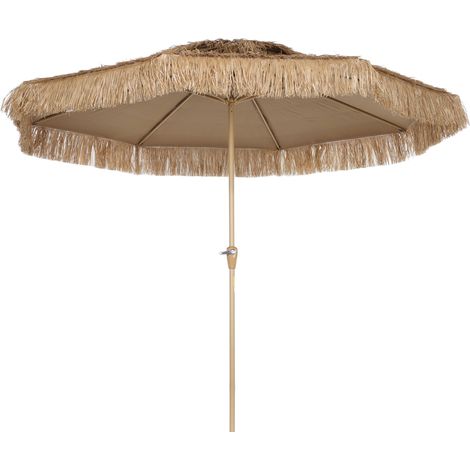 Parasol de jardin en paille, Ø 294 cm, droit, mat, 8 baleines métalliques, protection UV, avec manivelle jaune