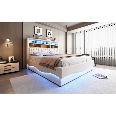 Lit 180x200 cm en tissu lin beige avec sommier métallique, rangement hydraulique, bandeau LED et USB. (1/5)