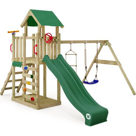 Parque infantil de madera Wickey MultiFlyer Light con Columpio y Tobogan para niños pequeños en verde